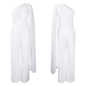 Elegant white one-shoulder jumpsuit featuring a dramatic side cape and pleated bodice detail
