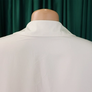 Detailed close-up of white lapel collar and cotton fabric texture on a fashion dress
