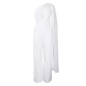 Detail showing the elegant single shoulder design and long drape cape of the white jumpsuit