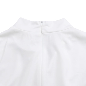 Close-up of white high-collar dress featuring a seamless back invisible zipper