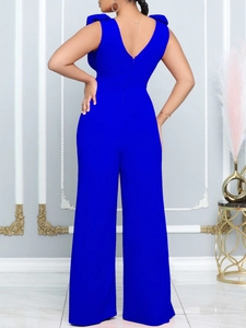 Tuta smanicata blu reale con scollo a V profondo sulla schiena e gamba ampia donna
