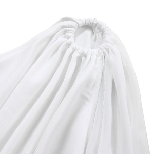 Detail shot of the white one-shoulder jumpsuit showing elastic gathered neckline texture