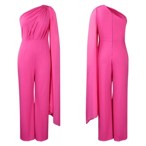 Detail view of fuchsia one-shoulder jumpsuit with a long side cape and wide-leg design