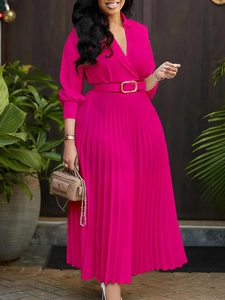 Elegant rose red pleated long dress with V-neck and belt for women's autumn fashion