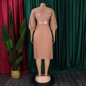 Detail of elegant dusty pink dress featuring lace hollow pattern and pleated skirt back view