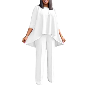 Detail view of the asymmetric white top and wide leg pants in a soft woven fabric set