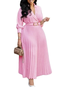 Elegant soft pink pleated long sleeve V-neck dress with a gold buckle belt decoration