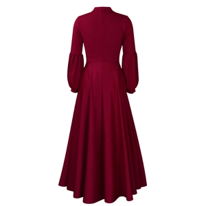 Rear view of wine red maxi dress featuring high waist and puff sleeves on white background