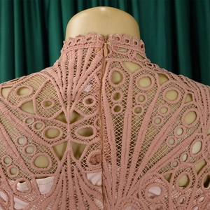 Detail showing pink hollow out lace collar with hidden back zipper on dress