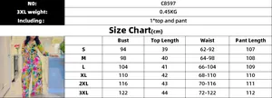 Guide des tailles pour ensemble deux pièces fleuri avec mesures du haut et du pantalon large