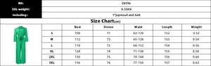Detailed size chart for C8596 long sleeve jumpsuit showing measurements S to 3XL