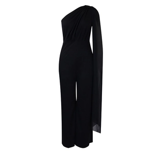 Detail of elegant black one-shoulder jumpsuit featuring a long flowing chiffon cape overlay