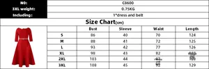 Detailed size chart for solid color evening dress C8600 including S to 3XL measurements