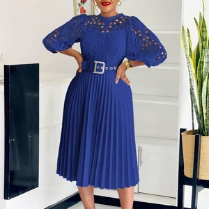 Royal blue midi dress featuring intricate crochet lace bodice and pleated skirt with belt