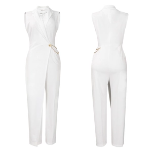 Detailed front and back view of white wrap jumpsuit with gold chain waist detail