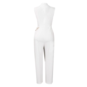 Rear view of white sleeveless jumpsuit featuring a stylish gold metal chain on the waist