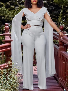 Ensemble Femme Élégant Haut Col en V Et Pantalon Large Manche Cape Taille Haute Plissé Fête Mode Vêtement