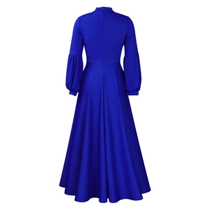 Detail view of the royal blue maxi dress back featuring a zipper and puff sleeves