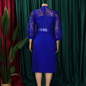 Detail of royal blue dress featuring intricate lace hollow-out design and pleated back