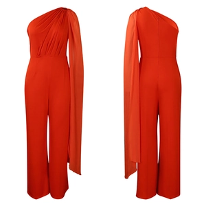 Front and back view of red one-shoulder jumpsuit with asymmetric cape and wide-leg cut