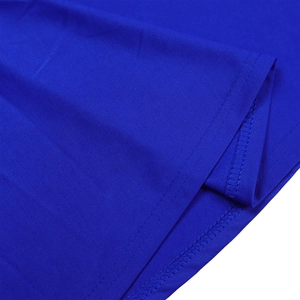 Detailed close-up of double-needle hem stitching on royal blue long sleeve dress fabric