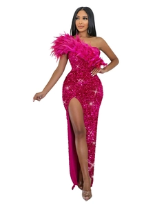 Elegant rose red sequin evening gown featuring one-shoulder feather trim and high side slit