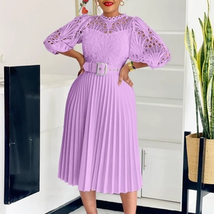 Detailed lavender lace bodice and elegant accordion pleated skirt with a waist belt