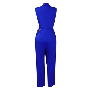 Back view of elegant royal blue sleeveless jumpsuit with gold waist chain detail