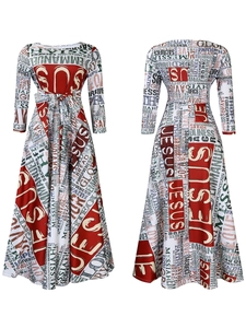 Detail of elegant long sleeve dress with religious Jesus script print and matching belt