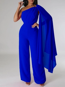 Elegant One Shoulder Wide Leg Jumpsuit For Women Sexy Cape Sleeve High Waist Pleated Solid Jumpsuit Banquet Party Romper