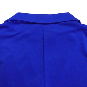 Detail view of the royal blue sleeveless jumpsuit collar and back seam stitching