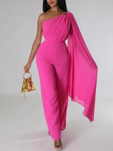 Elegant one shoulder rose red jumpsuit with a dramatic flowing cape sleeve for formal parties