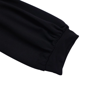 Detailed close-up of elastic puff sleeve cuff showing black fabric texture and stitching