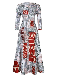 Detail of long sleeve maxi dress featuring full Jesus and Faith religious typography print