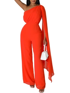 Elegant one-shoulder orange wide-leg jumpsuit with long shawl fringe detail for formal events