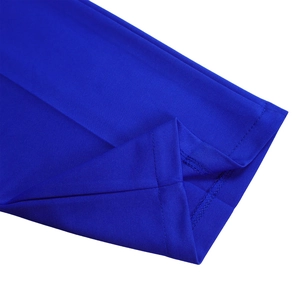 Detailed close-up showing blue fabric texture and professional double-needle stitching seam