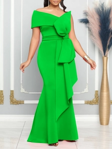 Abito da Sera Sexy a Sirena Monospalla in Poliestere a Vita Alta Gown Con Grande Fiocco per Donna Festa Matrimonio
