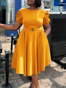 Robe Midi Trapèze Élégante pour Femmes Col Rond Manches Bouffantes Avec Ceinture Couleur Unie Bureau Fête Robe Décontractée