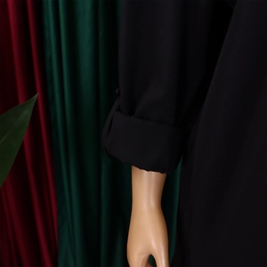 Detail shot of black long sleeve cuff with folding hem and button for casual dress