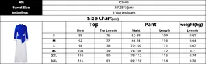 Detailed size chart for flare sleeve top and pleated wide leg pants two-piece set