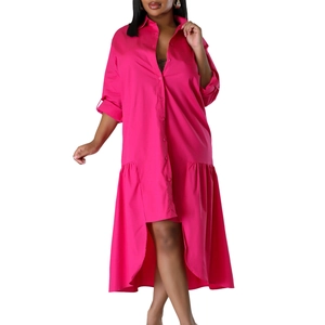 Detail of rose red shirt dress with high-low asymmetric hem and ruffle trim stitching