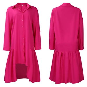 Detailed front and back view of a pink loose high-low hem button-down shirt dress