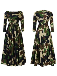 Detailed front and back view of long sleeve camouflage dress with large pleated hemline