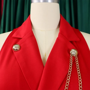 Detail of red lapel vest with golden lion head buttons and metal chain accent
