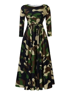 Detail of a floral camo print maxi dress featuring a round neck and waist tie belt