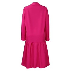 Detail of fuchsia long-sleeved shirt dress back with pleated hem and flared silhouette