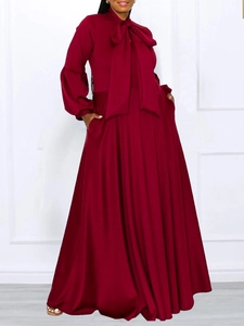 Elegant High Waist Tied Bow Neck Puff Sleeve Maxi Dress Solid Color Polyester African Party Evening Long Dress For Women