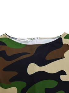 Detail of round neck with white zipper on camouflage print dress with brand label