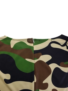 Detail of invisible back zipper and camo floral print on an elegant spring dress