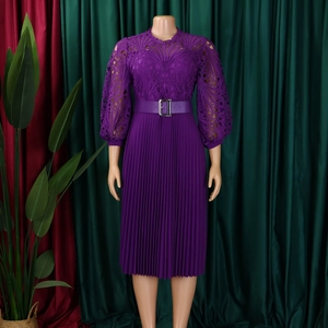 Detail of purple lace hollow-out bodice and pleated skirt with matching belt